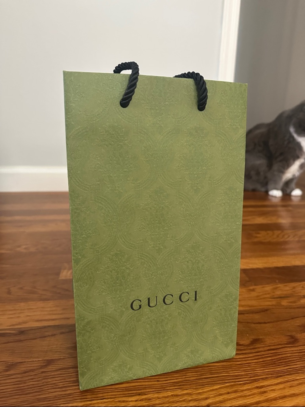 Gucci Olive Green Embossed Logo Gift Bag with Black Rope Handles